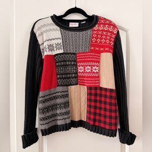 Liz Claiborne Patchwork Knit Sweater - Black, Red, Gray, Cream